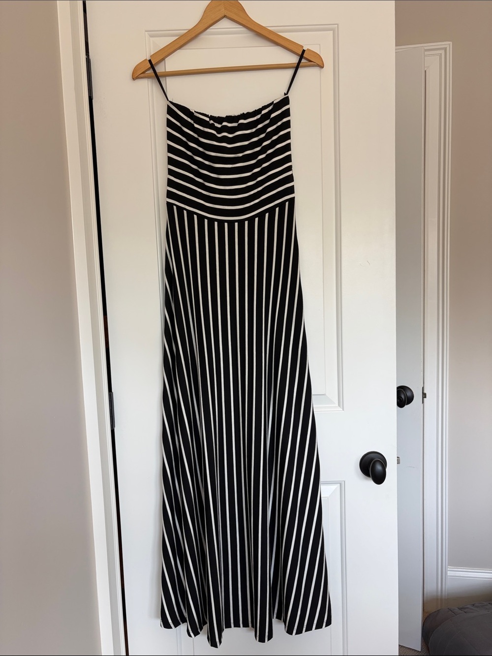 Black & White Striped Strapless Maxi Dress